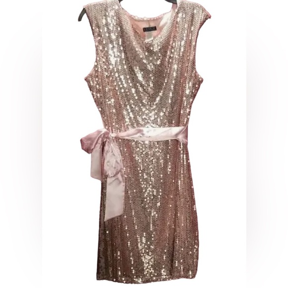 Venus pink sequin overlay dress with satin tie at waist, new - Picture 1 of 15